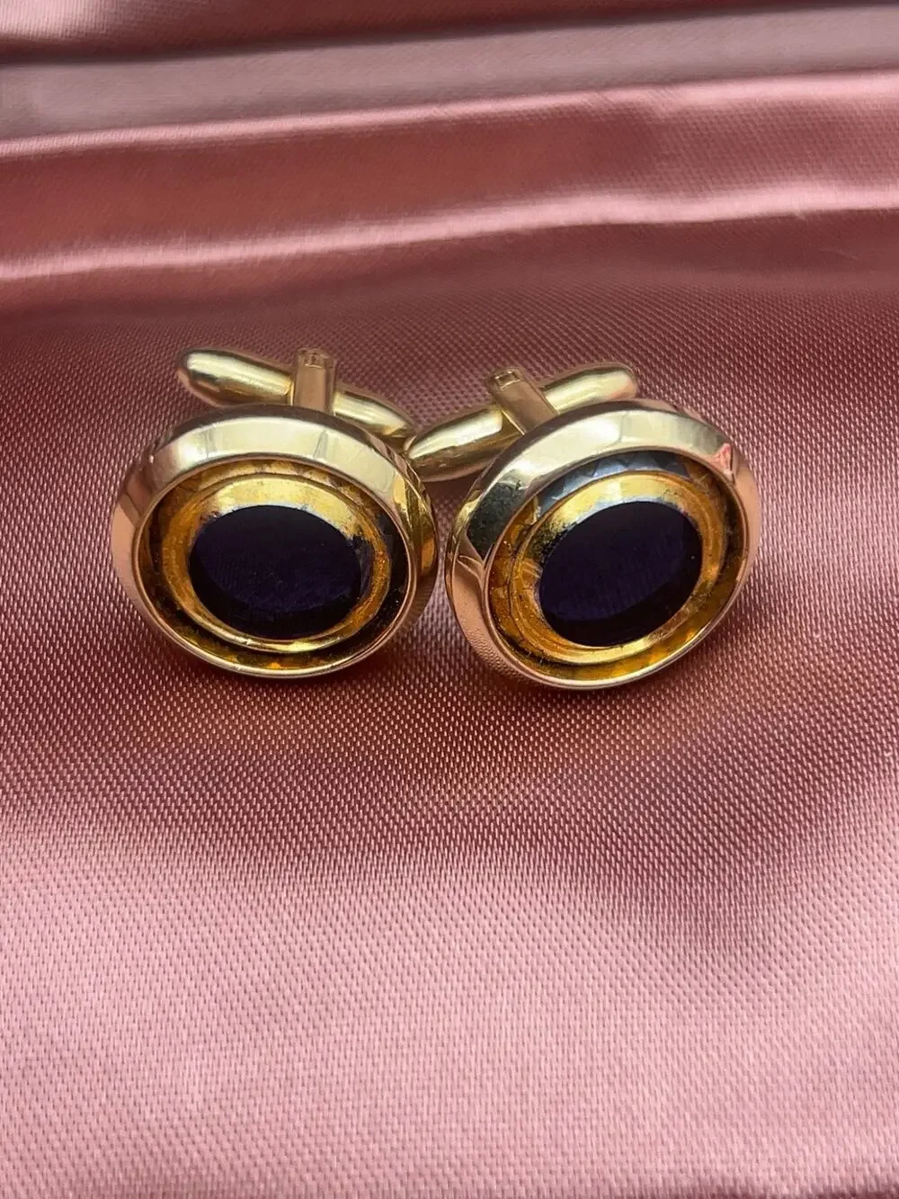 Vintage Blue Glass Gold Tone Round Cufflinks Mid-Century Men’s Jewelry